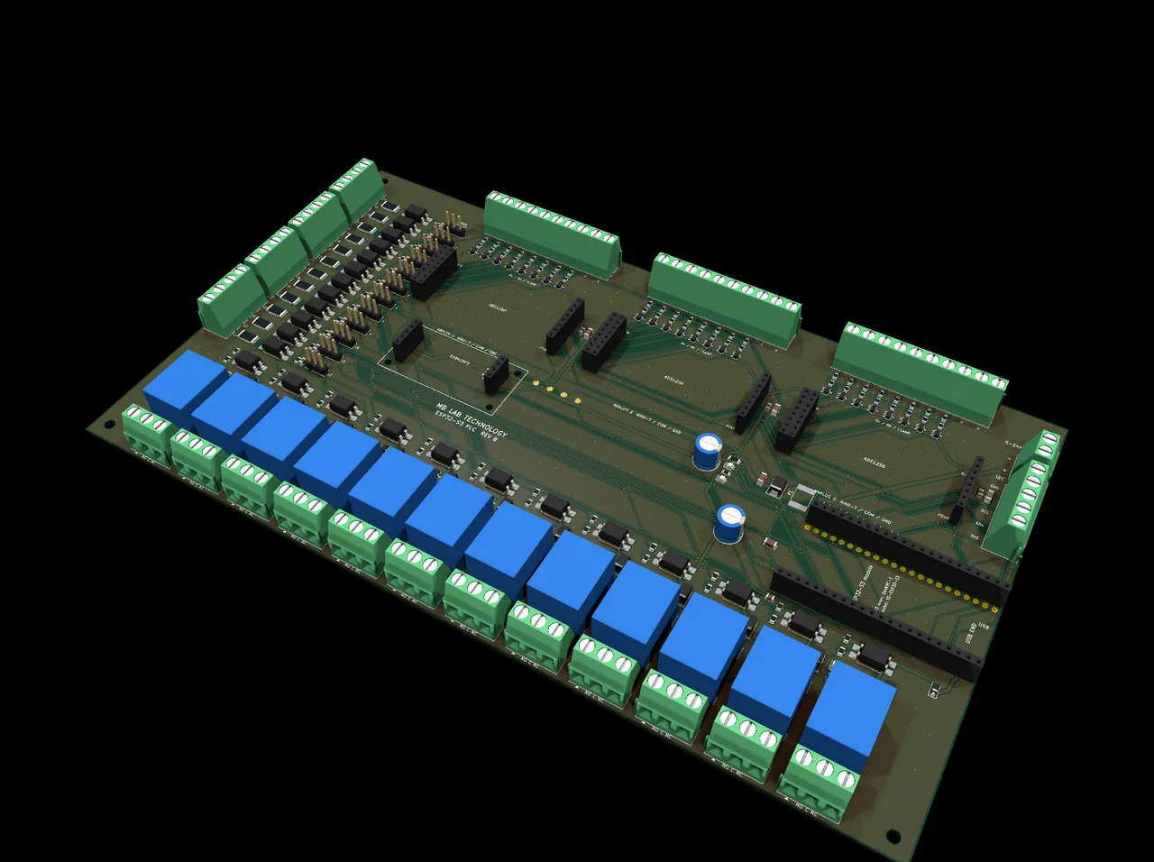 Rev B. The dev kit and the ADS1256 module drop into sockets rather than being soldered down, so a failed module is a two-minute swap instead of a rework job.