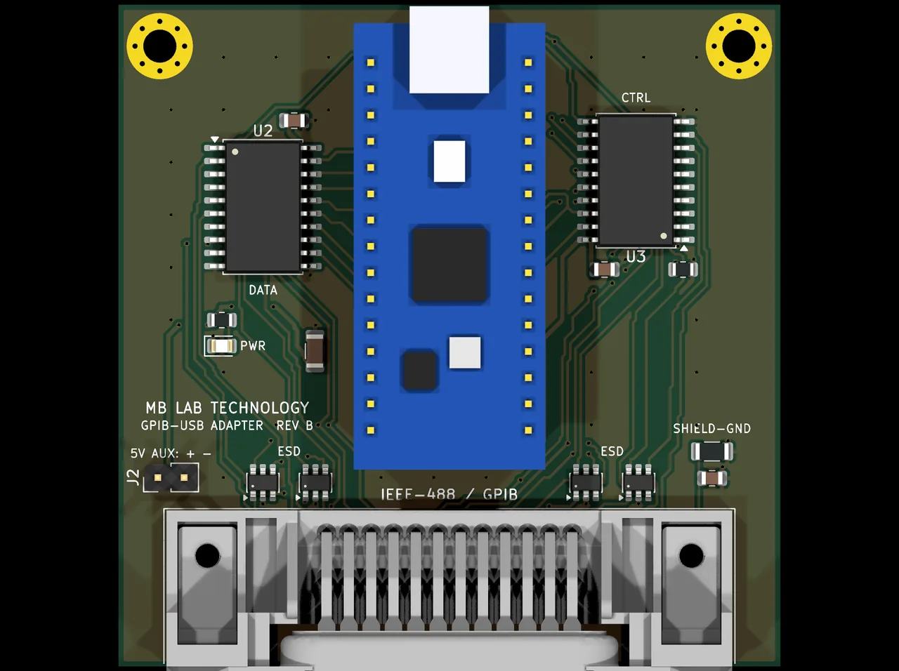 From above, with the four ESD arrays visible as small parts flanking the connector - one for every four bus lines, which is the change that made this Rev B. SHIELD-GND is a pad rather than a track, so the cable screen is tied where you decide it should be.