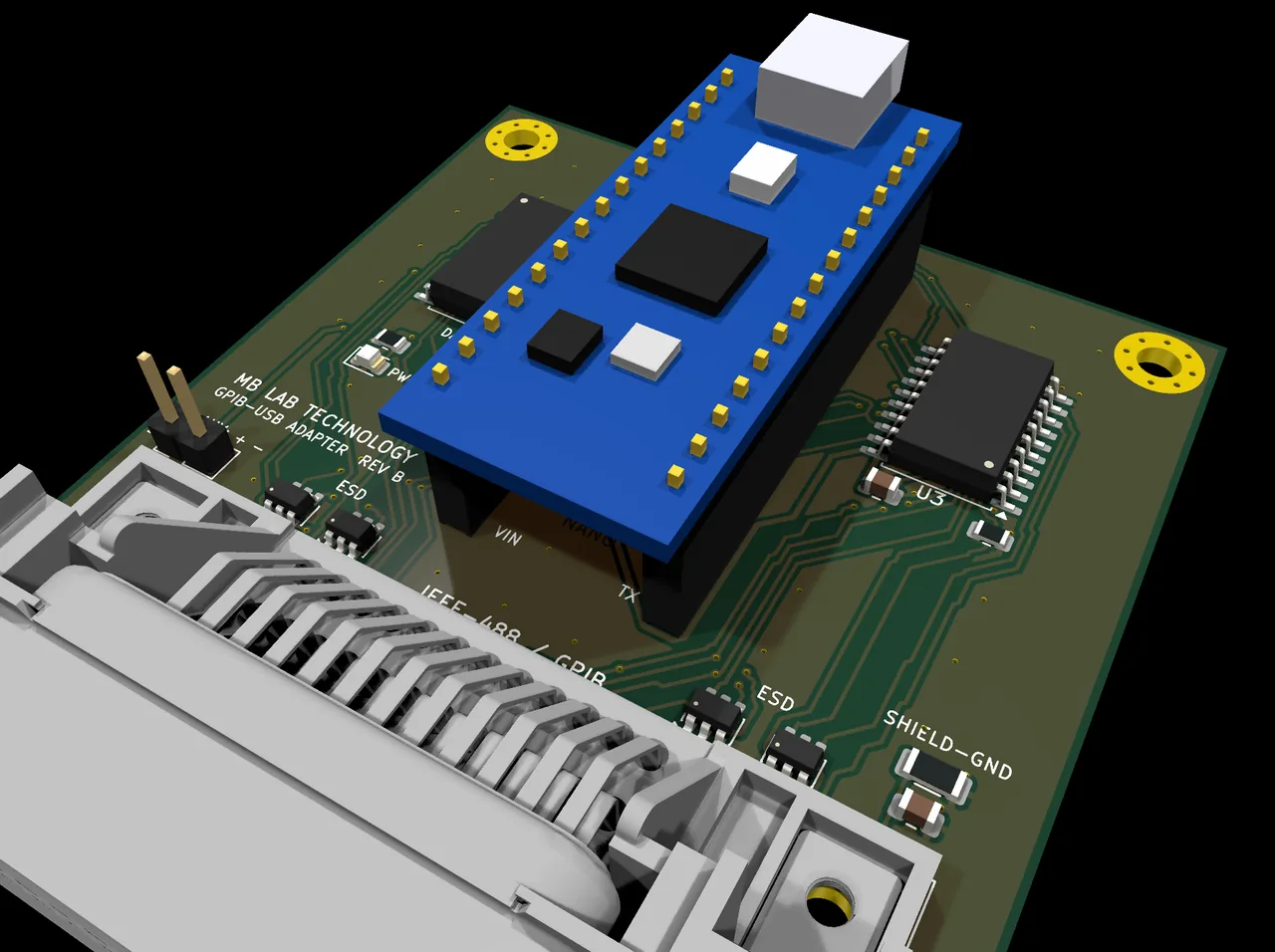 The adapter on its plug. The grey body at the front is the 24-way GPIB connector with its jack screws, so the board hangs off the back of the instrument rather than needing a cable; the blue module is the Nano on sockets, and the two wide chips either side of it are the data and control transceivers, marked DATA and CTRL on the silk.