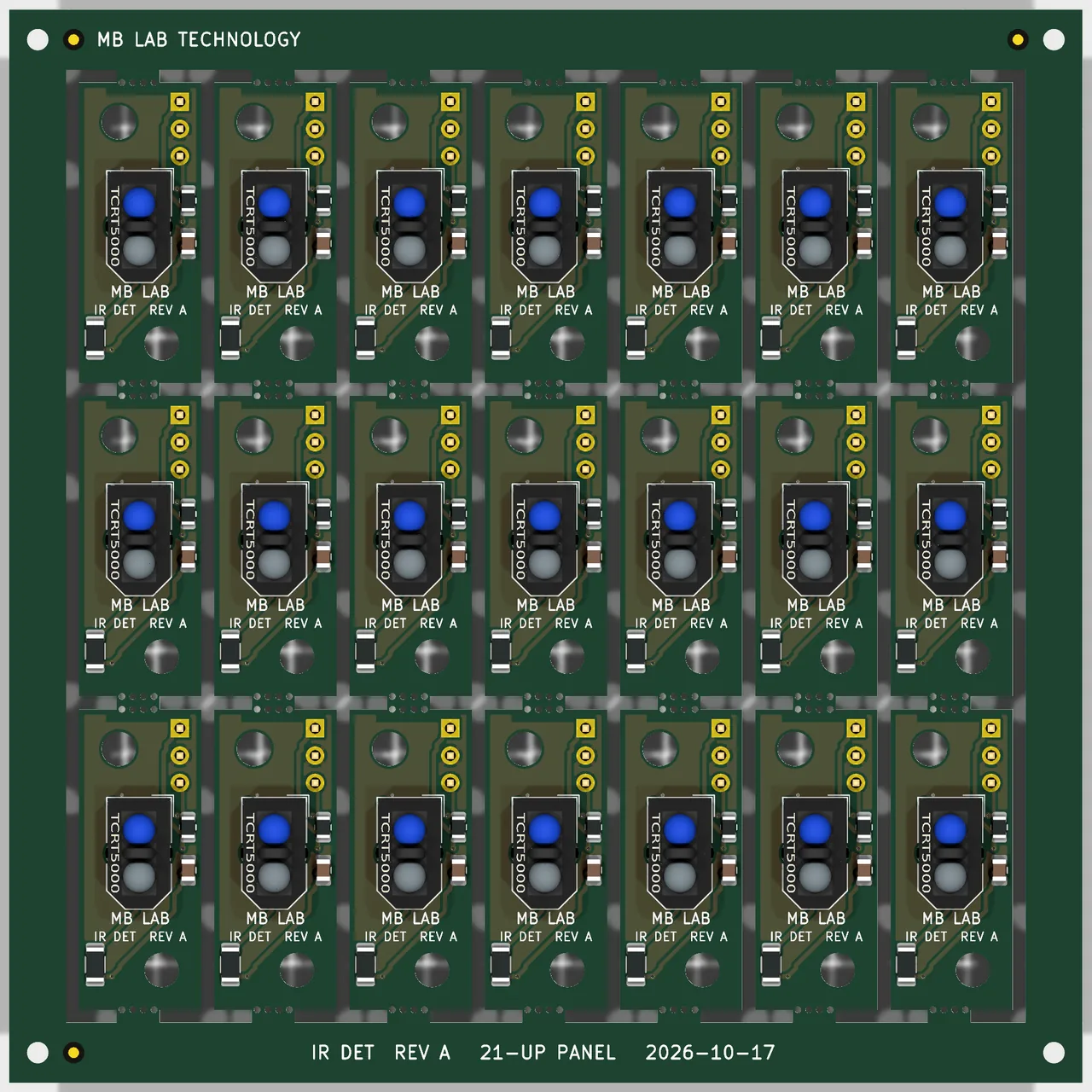 21 up on a 100 x 100 mm panel. Fewer to a panel than the SMT board because the part is taller and the outline longer - which is most of the cost difference between the two.