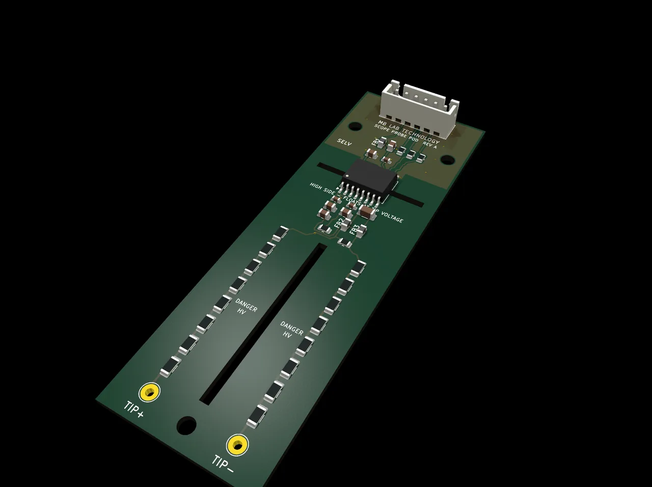 The probe pod, 32 x 98 mm. The isolation barrier runs across the middle of the board; the 8 + 8 resistor divider on the input side is what sets which of the three populations a board becomes.