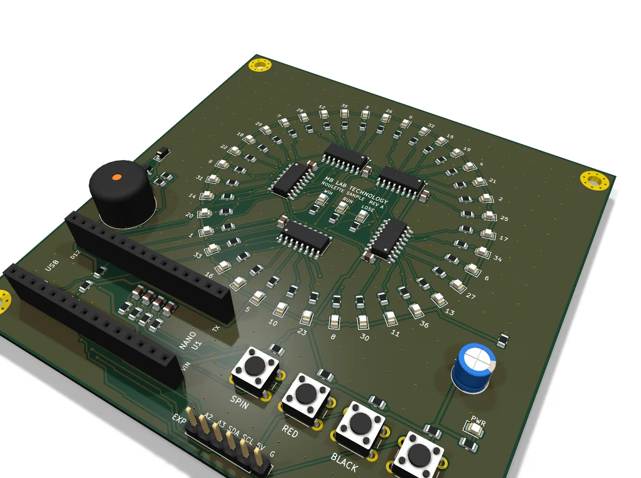 Rev A. The wheel of 37 LEDs with the Nano socketed in the middle, the five shift registers feeding it, and the buttons and buzzer along the edge. The reason it is on this page: PCB Test Analysis, the fixture generator and the ICT work all need a board to point at, and this one was designed to be pointed at.