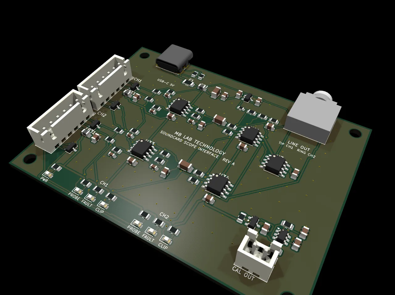The two-channel interface, 80 x 60 mm. USB-C for power only, a difference amplifier and 32.5 kHz filter per channel, and the calibration output that lets the scope check its own scaling.