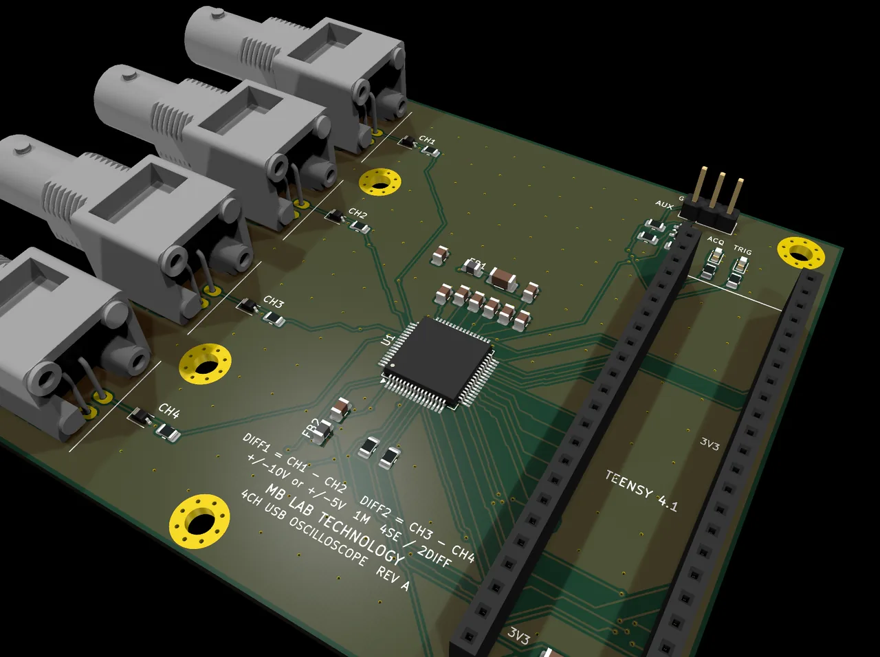 The four-channel board, rev A. The right-angle BNCs sit on the left edge so they pass straight through the case panel.