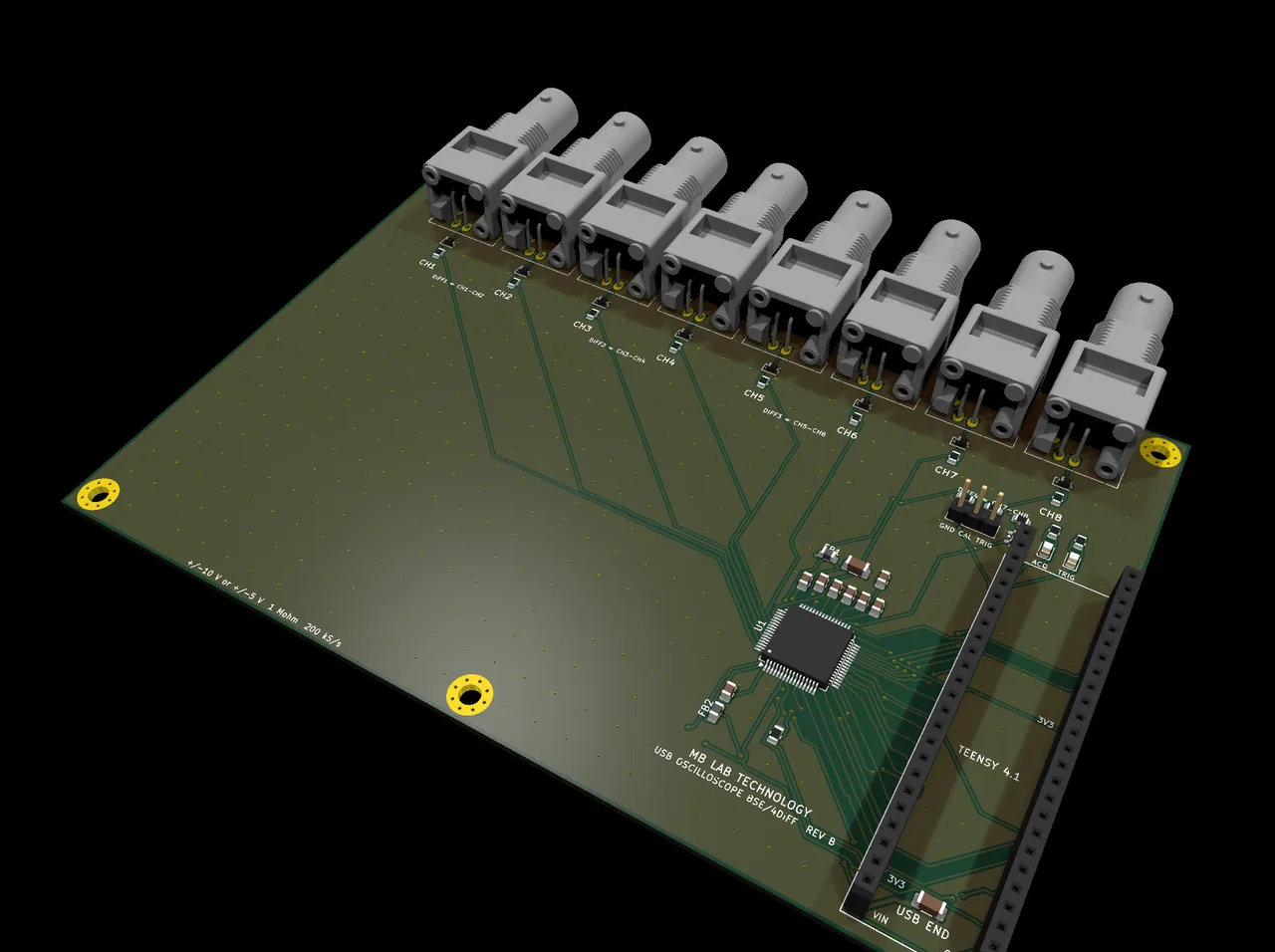 The 8 SE / 4 DIFF board, rev B - KiCad's render of the real layout. The Teensy 4.1 plugs into the sockets at the right; the ADS8588S and its input conditioning fill the left half.