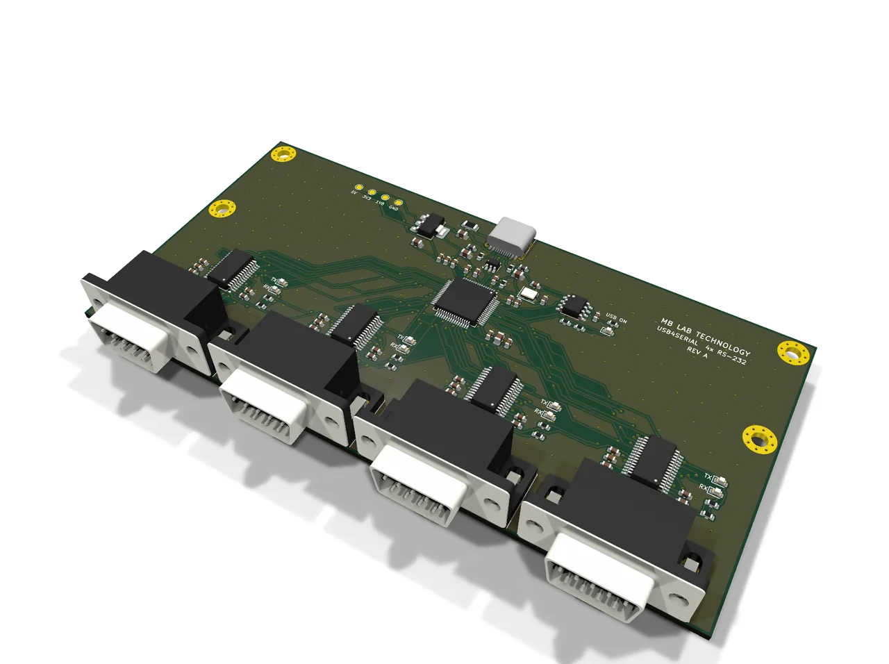 Rev A. One bridge in the centre, four transceivers around it, and the four DB9s along the front edge. All 32 UART pins leave the FT4232HL on its left, right and bottom sides, which is what keeps the board to two layers.
