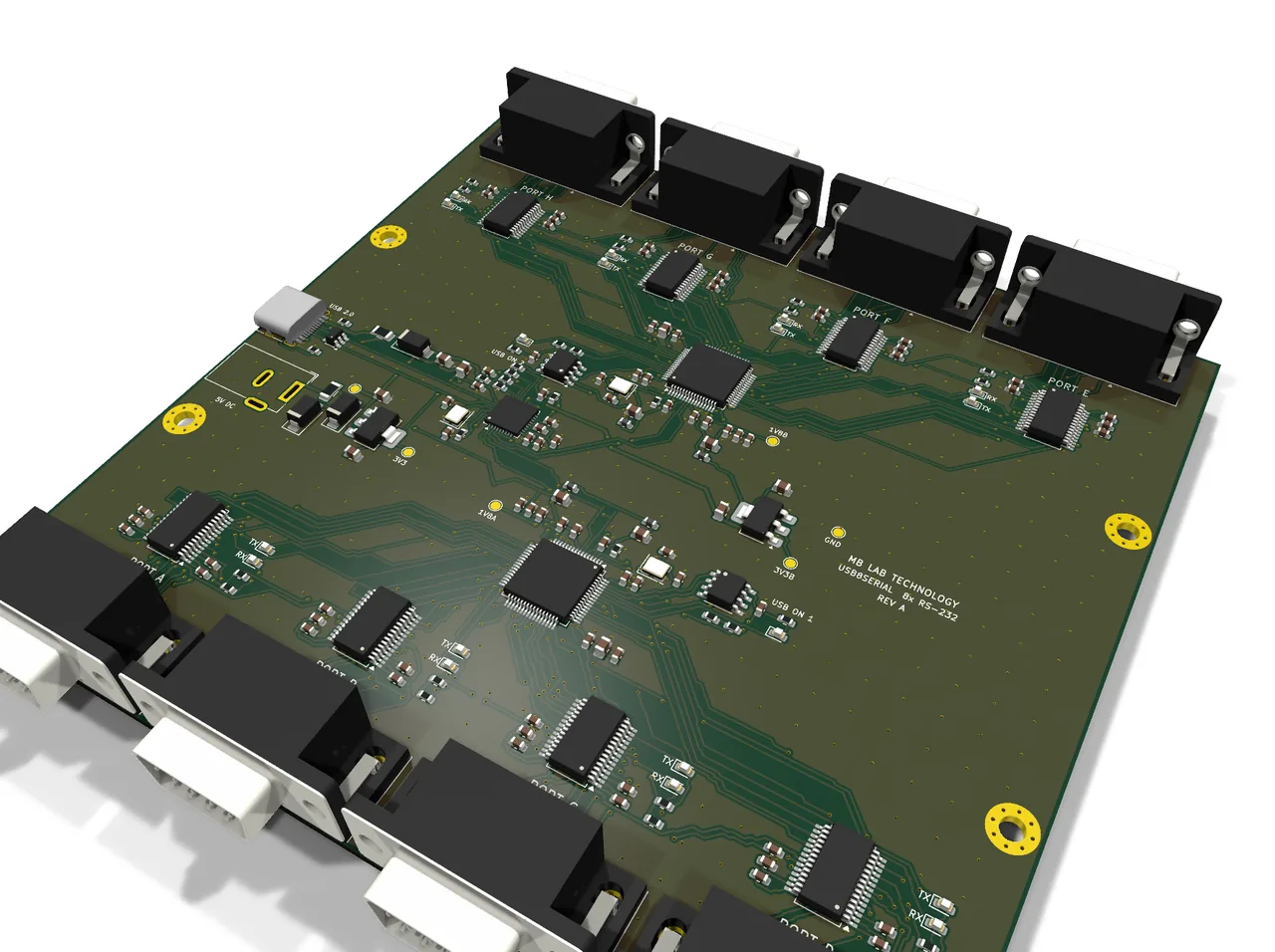 Rev A. The USB-C and the optional 5 V jack are on the left edge, the hub and the two four-port bridges sit across the middle, and the eight DB9s leave both long edges - A to D on one side, E to H on the other, so a rack of eight instruments can be cabled from either direction.