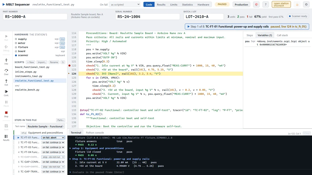 Paused at a breakpoint, mid-run. The red dot is the breakpoint, the yellow line is where it stopped, Variables holds the live instrument object, and the ribbon says step 1 of 8 and the line it is on. The steps that already ran are in the terminal with their measurements and their limits in brackets.