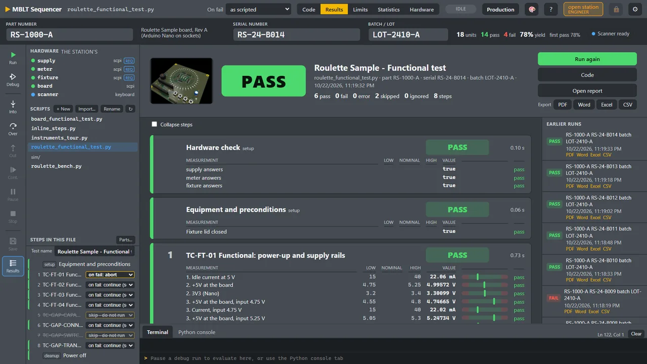 The same results screen in one of MBLT HMI's colour schemes. The sequencer borrows the HMI's light, dark, industrial, grey, green and blue, or keeps its own - one click, per PC or for the whole station, which matters on a line where the panel beside it is already dark.