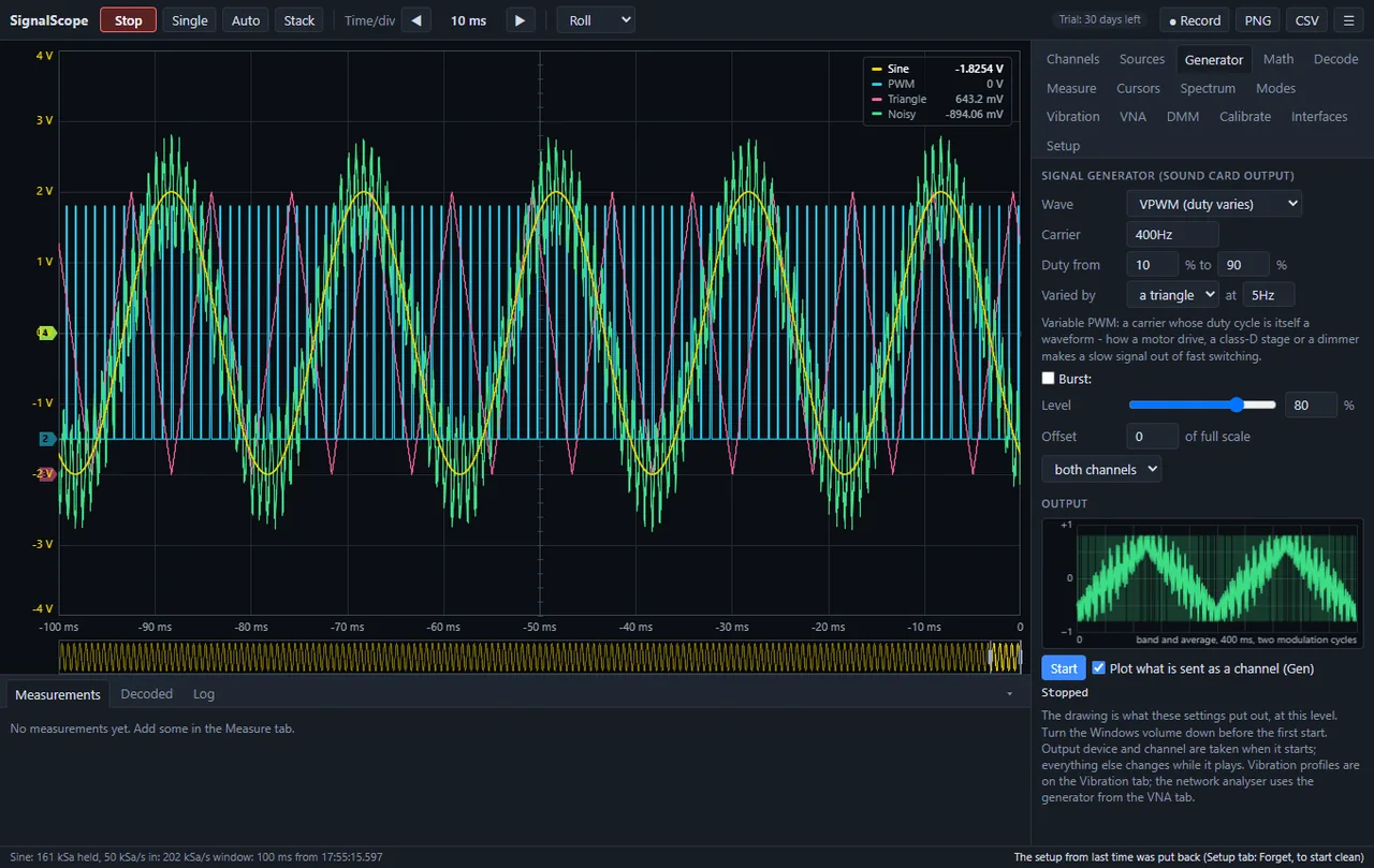 The signal generator, which is the sound card's output. This is variable PWM: a 400 Hz carrier whose duty is swept from 10 to 90 % by a triangle at 5 Hz - how a motor drive, a class-D stage or a dimmer makes a slow signal out of fast switching. The preview at the bottom right shows what is really being sent, and the note above the Start button says to turn the Windows volume down before the first one.