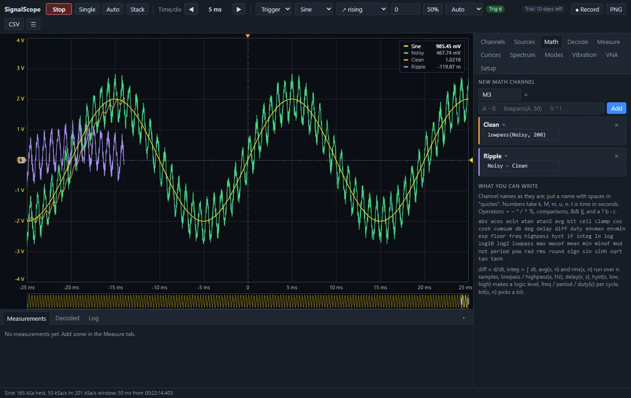 Two maths channels doing one job: Clean is lowpass(Noisy, 200) and Ripple is Noisy - Clean, so the smooth part and the hash on top become separate traces you can measure. The whole function list is on the right, and it is the list a bench actually needs - diff and integ, rms and avg over a window, lowpass and highpass by frequency, delay in seconds, hyst to turn an analog trace into a logic level, freq and period and duty per cycle, and bit to pick one bit out of a bus.