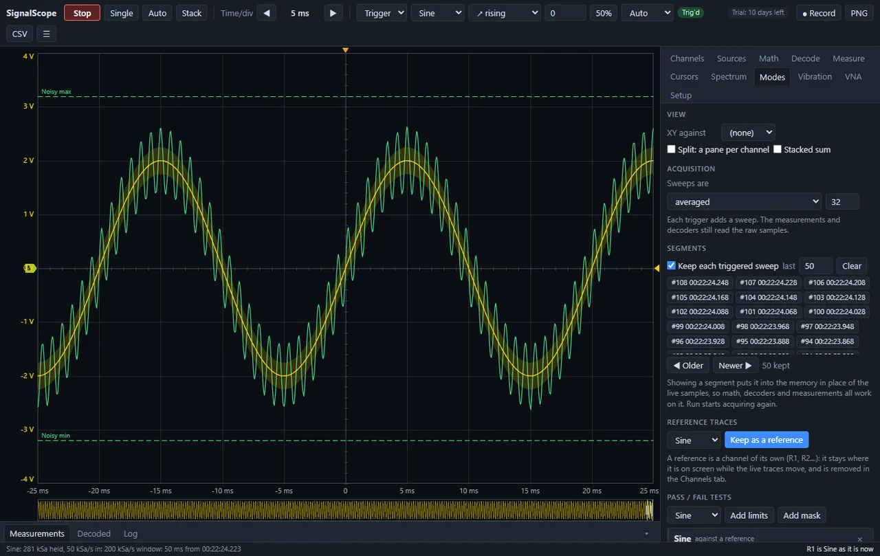 The modes a bench scope has. Sweeps averaged 32 deep, with the measurements and decoders still reading the raw samples rather than the average. Every triggered sweep kept - fifty of them here, listed by number and timestamp - and showing one puts it in place of the live samples so maths, decoders and measurements all run on it. Above that, a reference trace held while the live ones move, and pass/fail against limits or a mask.